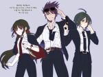  1girl 2boys ;d ahoge alternate_costume belt black_jacket black_pants breast_pocket brown_belt brown_hair collarbone collared_shirt cowboy_shot danganronpa_(series) danganronpa_v3:_killing_harmony facial_hair goatee grin gun harukawa_maki holding holding_gun holding_weapon jacket jjigjjikk low_twintails momota_kaito multiple_boys necktie one_eye_closed open_clothes open_jacket pants pocket red_jacket red_necktie red_scrunchie saihara_shuichi scrunchie shirt shirt_tucked_in simple_background smile sunglasses sweatdrop teeth translation_request twintails two-sided_fabric two-sided_jacket weapon white_shirt 