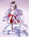  1girl animal_ears blunt_bangs boots breasts brown_hat elbow_gloves gloves gold_ship_(umamusume) hat high_heel_boots high_heels highres horse_ears horse_girl kneeling long_hair looking_at_viewer looking_back mina_cream pants purple_hair smile solo tongue tongue_out umamusume white_gloves white_pants 