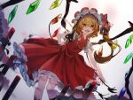  1girl ascot blonde_hair crystal crystal_wings flandre_scarlet frilled_shirt_collar frilled_skirt frills hat hat_ribbon highres laevatein_(touhou) looking_at_viewer lupi_(yuni_060969) mob_cap open_mouth puffy_short_sleeves puffy_sleeves red_eyes red_skirt red_vest ribbon shirt short_sleeves side_ponytail simple_background skirt smile solo touhou vest white_background wings yellow_ascot 