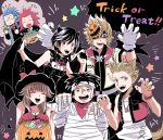  2girls 5boys animal_costume animal_ears black_hair blonde_hair blue_eyes blue_hair brown_hair candy cape claw_pose emphasis_lines food gloves halloween halloween_basket halloween_costume hat hayner headband hifumi_(aiueonigiri) horns isa_(kingdom_hearts) jack-o&#039;-lantern kingdom_hearts kingdom_hearts_iii lea_(kingdom_hearts) looking_at_viewer mask mask_on_head mask_over_one_eye multiple_boys multiple_girls mummy_costume neck_ribbon olette open_mouth pence red_hair ribbon roxas scarf shaded_face smile star tail trick_or_treat vampire_costume vest witch_costume witch_hat wolf_costume wolf_ears wolf_tail xion_(kingdom_hearts) 