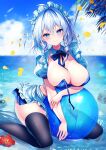  1girl absurdres apron ball beachball bikini black_thighhighs blue_bikini blue_eyes blush braid breasts detached_collar highres izayoi_sakuya large_breasts long_hair looking_at_viewer nenobi_(nenorium) outdoors sitting smile solo swimsuit thighhighs touhou waist_apron wardrobe_malfunction wariza white_apron white_hair 