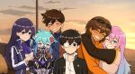  2girls 4boys :d ;d ^_^ absurdres ahoge alt_text alternate_hair_color antenna_hair aoiro_arts aqua_eyes artist_name ascot aubrey_(faraway)_(omori) aubrey_(omori) basil_(faraway)_(omori) basil_(omori) black_eyes black_jacket blue_eyes blue_hair blue_sweater bright_pupils brother_and_sister brothers brown-framed_eyewear brown_coat brown_hair buttons closed_eyes closed_mouth cloud coat collared_shirt commentary covered_mouth crossed_bangs dark-skinned_male dark_skin double-parted_bangs english_commentary eyepatch eyewear_on_head flower gradient_hair grin hair_behind_ear hair_between_eyes hair_flower hair_ornament hand_on_another&#039;s_shoulder hero_(faraway)_(omori) hero_(omori) highres hug jacket kel_(faraway)_(omori) kel_(omori) layered_sleeves long_hair long_sleeves mari_(faraway)_(omori) mari_(omori) mask mountainous_horizon mouth_mask multicolored_hair multiple_boys multiple_girls omori one_eye_closed one_eye_covered open_clothes open_coat open_jacket orange_shirt outdoors pink_hair power_lines purple_ascot purple_hair raised_inner_eyebrows red_flower second-party_source shin_megami_tensei shirt short_hair siblings smile straight_hair sunglasses sunny_(omori) sunset sweater turtleneck turtleneck_sweater two-tone_hair upper_body utility_pole v-shaped_eyebrows white_pupils white_shirt 