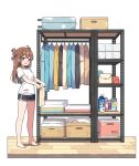  1girl :d bag bare_legs barefoot black_shirt black_shorts blue_shirt blush breasts brown_eyes brown_hair brown_shoes clothes_hanger dolphin_shorts double_bun hair_bun handbag hatsunatsu long_hair original rolling_suitcase shirt shoes short_shorts short_sleeves shorts simple_background small_breasts smile solo suitcase two_side_up unworn_shirt white_background white_shirt wooden_floor yellow_shirt 