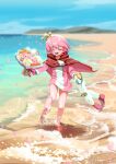 1boy absurdres artist_name barefoot beach birthday boots bouquet cape closed_eyes commentary crown dated falling_petals feet flower full_body gerbera happy highres holding holding_boots holding_bouquet holding_unworn_clothes horizon male_focus mini_crown mittens motimoti_mgmg ocean ocean_prince open_mouth orange_flower petals pink_boots pink_flower pink_hair pink_petals pink_rose pink_tunic puyopuyo puyopuyo_fever_2 red_cape rose salde_canarl_shellbrick_iii shore short_hair smile solo splashing standing star_(symbol) thigh_boots toes tunic twitter_username unworn_boots wading white_flower white_rose yellow_mittens 