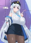  1girl bare_shoulders black_hat black_skirt blue_archive blue_jacket blue_necktie blunt_bangs blush breasts closed_mouth grey_hair halo hat headpiece highres huge_breasts jacket long_hair looking_at_viewer mechanical_halo multicolored_jacket necktie noa_(blue_archive) pantyhose police_hat purple_eyes shirt skirt sleeveless sleeveless_shirt smile solo two-tone_jacket very_long_hair white_halo white_jacket white_shirt yuuichi_(reductionblack) 