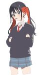  1girl black_hair black_sweater_vest blue_skirt blush crossed_arms food food_in_mouth grey_eyes highres long_hair looking_at_viewer meito_(maze) multicolored_hair necktie plaid_clothes plaid_skirt pocky pocky_in_mouth red_hair red_necktie school_uniform shirt simple_background skirt solo sono_bisque_doll_wa_koi_wo_suru standing sugaya_nowa sweater_vest thighs twintails two-tone_hair white_background white_shirt 