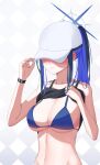  1girl absurdres argyle_background arm_up bare_shoulders baseball_cap bikini black_camisole black_hair blue_archive blue_bikini blue_hair blunt_bangs blush breasts camisole camisole_lift cleavage closed_mouth clothes_lift collarbone colored_inner_hair commentary covering_own_eyes embarrassed groin halo hand_on_headwear hat highres large_breasts lifting_own_clothes long_hair multicolored_hair navel no_mask official_alternate_costume ponytail saori_(blue_archive) saori_(swimsuit)_(blue_archive) senkuma777 sleeveless solo standing stomach swimsuit upper_body white_hat wristband 