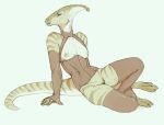 3_toes anthro areola arm_support armwear breasts clothing corset digitigrade dinosaur elbow_gloves female fingerless_gloves gloves hadrosaurid hooves legwear lingerie looking_at_viewer nipples oouna parasaurolophus pussy reptile scalie simple_background solo stockings striped_skin stripes toes white_background 