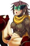  1girl blues_(rockman) breasts brown_hair clitoris covered_nipples earrings genderswap gloves hetero jewelry large_breasts navel nipples penis pussy rockman rockman_(classic) sex solo_focus sunglasses sweat tears zakki 