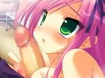  1boy 1girl blush breasts censored emily_(artist) emily_(pure_dream) game_cg green_eyes haduki_no_seikyouiku_shigan indoors kozue_hyouga nipples paizuri penis pink_hair rolling_star 