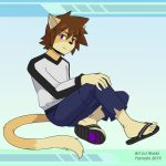  anthro brown_hair clothed clothing domestic_cat feet felid feline felis footwear hair hiro kemono looking_at_viewer male mammal pants paws purple_eyes raxkiyamato sandals shirt shoes sitting smile solo 