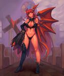  asymmetrical_clothes blood boots breasts church cleavage cleavage_cutout cross demon_girl demon_tail demon_wings elbow_gloves gloves highres horns large_breasts long_hair lord_of_vermilion navel pew pointy_ears red_eyes red_hair sagano_yuuji single_wing skull solo stained_glass succubus succubus_(lord_of_vermilion) tail thigh_boots thighhighs very_long_hair wings 