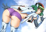  ass bent_over blush breasts censored from_behind gegera green_hair hat looking_back macross macross_frontier nipples pussy pussy_juice ranka_lee red_eyes shorts sky sweat topless 