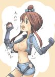  areolae bad_id bad_pixiv_id blue_eyes bow breasts clenched_hand elbow_gloves fuuro_(pokemon) gloves gym_leader hair_bow holding holding_poke_ball long_hair medium_breasts motofumi navel open_clothes open_mouth poke_ball pokemon pokemon_(game) pokemon_bw red_hair short_shorts shorts solo sweatdrop thigh_strap wardrobe_malfunction 
