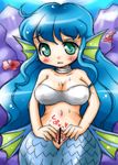  blue_hair blush breasts censored cleavage fins green_eyes mermaid monster_girl pussy 