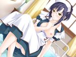  1girl amanatsu bed blush breasts game_cg ginta glasses indoors nipples nurse open_clothes open_shirt panties purple_hair shirt sitting solo underwear uniform upskirt yellow_eyes 