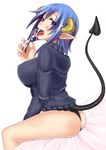  ass blue_hair breasts cum cum_on_glasses demon_girl demon_tail glasses horns huge_breasts licking no_pants original panties pointy_ears red_eyes solo sweater tail tongue underwear zanku 