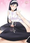  black_hair black_legwear black_thighighs blue_eyes blush censored cfnm clothed clothed_female_nude_male cum cum_explosion ejaculation hairband highres hornet_(artist) kumashiro_maya long_hair occult_academy open_mouth overflow penis seikimatsu_occult_gakuin surprised thigh_sex thighhighs thighs 