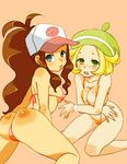  2girls annoyed artist_request ass bare_shoulders baseball_cap bel_(pokemon) bell_(pokemon) beret bikini blonde_hair blue_eyes breasts brown_hair cleavage covering embarrassed flat_chest green_eyes hat large_breasts long_hair looking_back multiple_girls open_mouth pokemon pokemon_(game) pokemon_black_and_white pokemon_bw ponytail short_hair simple_background sitting small_breasts swimsuit touko_(pokemon) white_(pokemon) 