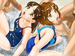  2boys 2girls apple_pie_(artist) breasts brown_hair censored cfnm clothed_female_nude_male cum cum_in_mouth cum_on_arm cum_on_body cum_on_clothes cum_on_hair cum_on_lower_body cum_on_swimsuit cum_on_thighs cum_on_upper_body cum_stain ejaculation from_above green_eyes group_sex handsfree_ejaculation lipstick long_hair makeup mixed_bathing multiple_boys multiple_girls open_mouth penis short_hair shower sitting swimsuit 