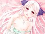  1girl amanatsu blush breasts dress flat_chest game_cg ginta lying misonogi_sakurako nipples on_back pink_hair red_eyes small_breasts solo 