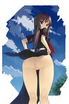  anus ass brown_eyes brown_hair censored cloud day from_behind highres kneepits legs long_hair looking_back mosaic_censoring munashi_mujou no_panties ookami-san ookami_ryouko outdoors pussy school_uniform serafuku skirt sky solo wind wind_lift 