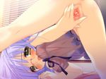  1girl blush breasts censored emily_(artist) emily_(pure_dream) female glasses highres indoors lingerie nipples purple_hair pussy pussy_juice see-through shimazaki_anri sisters_heaven solo spread_pussy top-down_bottom-up underwear vagina yellow_eyes 