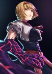  1girl alice_margatroid arm_blade black_background blonde_hair blue_dress bob_cut bois_de_justice breasts capelet cookie_(touhou) cowboy_shot dies_irae dress hairband highres hinase_(cookie) looking_at_viewer medium_breasts necktie neito330 open_mouth pink_necktie red_eyes red_hairband red_sash sash shinza_bansho_series shirt short_hair sleeveless sleeveless_dress solo touhou weapon white_capelet white_shirt 