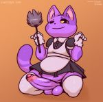  2019 4_fingers animal_crossing anthro balls bob_(animal_crossing) clothed clothing crossdressing domestic_cat erection felid feline felis fingers fluffyfrumples fur girly holding_object humanoid_penis looking_at_viewer maid_uniform male mammal nintendo one_eye_closed penis purple_body purple_fur simple_background smile solo uniform video_games 