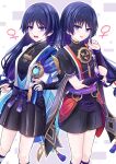  2girls alternate_hair_length alternate_hairstyle anemo_symbol_(genshin_impact) animal_print armor belt bird_print black_belt black_bodysuit black_bow black_bridal_gauntlets black_kimono black_shorts black_sleeves blue_cape blue_gemstone blue_kimono blue_sleeves blunt_ends bodysuit bow breasts bridal_gauntlets cape covered_collarbone dual_persona eyeliner eyeshadow feathers fingernails furisode gem genderswap genderswap_(mtf) genshin_impact gold gold_ring hair_tie hakama hakama_shorts highres hip_vent japanese_armor japanese_clothes jewelry juban kimono kote kurokote layered_sleeves looking_at_viewer makeup mandarin_collar medium_breasts middle_ring mitsudomoe_(shape) multiple_girls natuo_e neck_ring o-ring open_clothes open_kimono open_mouth pleated_shorts pom_pom_(clothes) purple_eyes purple_hair purple_rope purple_sash purple_sleeves red_eyeliner red_eyeshadow red_kimono red_sash rope sash scaramouche_(genshin_impact) shimenawa short_sleeves shorts shoulder_peek tassel teeth tomoe_(symbol) tongue tongue_out venus_symbol vision_(genshin_impact) wanderer_(genshin_impact) white_kimono white_rope white_sleeves white_trim wispy_bangs yellow_feathers 