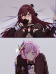  2girls blue_eyes blush brown_hair couple covering_own_mouth eden_(honkai_impact) elysia_(honkai_impact) elysia_(miss_pink_elf)_(honkai_impact) heart highres honkai_(series) licking_lips long_hair looking_at_another multiple_girls on_bed pink_hair pointy_ears tongue tongue_out toufu_0626 yellow_eyes yuri 