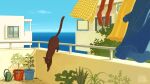  artist_logo artist_name balcony black_cat blue_sky building cat clothesline cloud drying drying_clothes highres logo no_humans ocean original outdoors plant potted_plant railing sapling scenery sky taizo_(taizo_03) unworn_clothes watering_can window 
