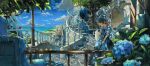  1girl absurdres black_cat black_pantyhose blonde_hair blue_flower blue_sky brown_hair camera cat closed_eyes cloud colored_pencil_(medium) dappled_sunlight day flower hat highres nekojarashi_(yuuga) original outdoors pantyhose petting railing scenery sitting skirt sky solo stairs sunlight traditional_media white_cat 