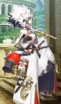  1girl animal_ears azusa_(hws) bandeau black_hair blue_eyes body_markings breasts caenis_(fate) caenis_(fgo_fes._2025)_(fate) cleavage colosseum commentary_request dark-skinned_female dark_skin electricity fake_horns fate/grand_order fate_(series) geta grin hadanugi_dousa hair_between_eyes headpiece holding holding_sword holding_weapon horned_headwear horns horse_ears katana large_breasts long_hair long_sleeves looking_at_viewer midriff multicolored_hair nail_polish official_art outdoors pants rope sandals sheath sheathed shimenawa shrug_(clothing) single_arm_guard smile solo sword toenail_polish toenails two-tone_hair weapon white_hair white_nails wide_sleeves 