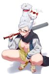  1girl absurdres angry ayase_seiko baseball_bat beehive_hairdo blue_jacket breasts brown_eyes cardigan cat cigarette commentary_request dandadan eru_(l_illust45) feet glasses grey_hair highres holding holding_baseball_bat jacket large_breasts letterman_jacket long_sleeves looking_at_viewer mature_female metal_baseball_bat mouth_hold open_clothes open_jacket red-framed_eyewear sandals semi-rimless_eyewear shadow short_eyebrows simple_background smoke smoking spread_legs squatting tall_hair thick_eyebrows toes translation_request turbo_granny_(dandadan) under-rim_eyewear white_background white_cat yellow_cardigan 