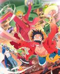  absurdres bandana_around_arm bartolomeo bear bepo_(one_piece) black_gloves blonde_hair commentary_request curly_eyebrows denim earrings gloves green_hair hair_over_one_eye happy_tears hat hattori_(one_piece) highres jeans jewelry jumpsuit monkey_d._luffy one_piece open_clothes open_mouth open_shirt orange_jumpsuit pants red_sash rob_lucci roronoa_zoro sanji_(one_piece) sash scar scar_on_chest scar_on_face short_hair sidelocks sparkle straw_hat tears tongue tongue_out trafalgar_law wciarigatou yellow_sash 
