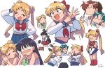  1boy 5girls aino_minako animal_on_head arm_around_shoulder arm_behind_head artemis_(sailor_moon) bird bird_on_head bishoujo_senshi_sailor_moon black_hair blonde_hair blue_hair blue_skirt blue_sky blush boots bow bowtie brooch brown_hair brown_sailor_collar cat closed_eyes crescent crescent_facial_mark crop_top cup double_bun drinking drinking_straw elbow_gloves facial_mark forehead_mark gem glasses gloves hair_bow hair_bun hand_on_own_hip hino_rei holding holding_cup japanese_clothes jewelry kino_makoto long_hair long_sleeves midriff_peek miko mizuno_ami multiple_girls multiple_views navel neckerchief on_head open_mouth outstretched_hand parted_bangs pleated_skirt red_boots red_bow red_bowtie red_gemstone red_neckerchief red_skirt sailor_collar sailor_moon school_uniform shirt short_sleeves skirt sky smile spaghetti_strap squatting tiara tsubobot tsukino_usagi twintails white_background white_cat white_gloves white_shirt wide-eyed 