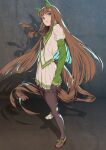  1girl animal_ears asymmetrical_footwear bow brown_gloves brown_hair brown_pantyhose footwear_bow from_side full_body gloves green_eyes highres horse_ears horse_girl horse_tail jacket long_hair long_sleeves mismatched_footwear oki_(koi0koi) pantyhose parted_lips pleated_skirt silence_suzuka_(umamusume) skirt solo standing tail umamusume very_long_hair white_jacket 