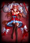  1girl absurdres animal_ears armpits arms_up bed blush breasts brown_hair cleavage closed_mouth collarbone commentary_request detached_sleeves hair_between_eyes hair_ornament highres horse_girl krulnakinz pillow red_eyes still_in_love_(umamusume) thighhighs umamusume veil 