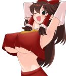  1girl :d armpits arms_behind_head arms_up ascot bow breasts brown_hair cookie_(touhou) covered_nipples crop_top detached_sleeves empty_eyes frilled_hair_tubes frills hair_bow hair_tubes hakurei_reimu highres large_breasts long_hair looking_at_viewer midriff navel no_bra noel_(cookie) one_eye_closed open_mouth pyukasshori red_bow red_shirt red_skirt shirt sidelocks skirt smile solo touhou underboob upper_body white_sleeves yellow_ascot 