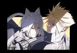  2boys animal_ears aqua_eyes armor black_border black_jacket blonde_hair border cat_boy cat_ears cat_tail cloud_strife earrings fang fang_out final_fantasy final_fantasy_vii final_fantasy_vii_advent_children final_fantasy_vii_ever_crisis grey_hair grey_vest hair_between_eyes jacket jewelry kemonomimi_mode looking_at_another male_focus multiple_boys parted_bangs parted_lips pauldrons popped_collar sephiroth sephiroth_(ever_crisis) short_hair shoulder_armor single_earring single_pauldron slit_pupils smirk spiked_hair sweatdrop tail twitter_username upper_body vambraces vest yaoi yellow_background yunyunonigiri 