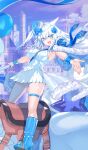  1girl animal_ear_fluff animal_ears blue_boots blue_eyes blue_hat blush boots breasts capelet cat_ears cat_girl cat_tail commentary_request dobrynya_nikitich_(celebratory_attire)_(fate) dobrynya_nikitich_(fate) dragon dress fate/grand_order fate_(series) flower fur-trimmed_capelet fur_trim hair_flower hair_ornament hat knee_boots large_breasts long_hair looking_at_viewer low_ponytail mini_hat official_art open_mouth ponytail robina saddle sash smile tail thigh_strap white_capelet white_dress white_hair wrist_cuffs 