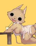  anthro beverage black_eyes bodily_fluids breasts butt clothing felid female furniture goo_(razy) hi_res kneeling mammal no_underwear open_mouth razy short_stack simple_background slightly_chubby snot solo straw table thick_thighs tongue tongue_out torn_clothing white_background yellow_background 