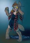  2019 anthro black_eyes black_nose brown_hair canid canine canis clothing female hair halcy0n hi_res mammal open_mouth pawpads plaid shirt shrinking solo standing surprise topwear transformation were werecanid werecanine werewolf wolf yellow_sclera young 