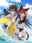  2girls ahoge animal_ears arm_up artist_logo bikini bird_wings black_bikini black_hair black_wings blue_sky bow braid breasts cat_ears cat_girl cat_tail commentary_request cowboy_shot dutch_angle green_bow grin hair_bow innertube kaenbyou_rin leaf_print logo long_hair medium_breasts multiple_girls navel nekomata open_mouth orange_eyes outstretched_hand ponytail red_eyes red_hair reiuji_utsuho sky smile striped_bikini striped_clothes swim_ring swimsuit tail third_eye touhou toutenkou twin_braids wading water watermark wings yellow_innertube 