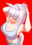  1girl 3333iyasy absurdres animal_ears bare_shoulders blunt_bangs breasts cleavage collarbone drawstring gold_ship_(umamusume) grey_hair grey_pants grey_sports_bra hair_intakes hair_tie_in_mouth highres horse_ears horse_girl horse_tail large_breasts long_hair mouth_hold pants red_background red_eyes simple_background solo sports_bra tail tying_hair umamusume very_long_hair 