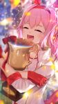 1girl absurdres advarcher animal_ears blush closed_eyes ear_covers fingerless_gloves gloves hairband haru_urara_(umamusume) highres holding holding_trophy horse_ears horse_girl jacket long_hair open_mouth pink_hair ponytail red_gloves red_hairband shirt solo tears trophy umamusume upper_body white_jacket white_shirt 