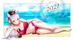  1girl 2021 animal_ears bikini commentary_request english_text gold_ship_(umamusume) grey_hair hatori_(luv82n) highres horse_ears horse_girl lying nail_polish navel on_side red_bikini red_eyes red_nails solo swimsuit umamusume 