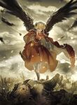  1boy 1girl armor black_armor black_wings blonde_hair blue_eyes cape cloud cloudy_sky dimitri_alexandre_blaiddyd dimitri_alexandre_blaiddyd_(timeskip) double_bun dress edelgard_von_hresvelg edelgard_von_hresvelg_(timeskip) english_commentary eyepatch fake_horns field fire_emblem fire_emblem:_three_houses fur_cape grass hair_bun highres horns lying on_back purple_eyes red_armor red_cape red_dress sky soma_otakuu standing two-sided_cape two-sided_fabric white_cape white_hair wings 