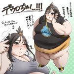  1girl absurdres alternate_body_size arrow_(symbol) big_belly black_eyes black_hair black_shirt blush breasts cleavage crop_top cube_hair_ornament double_chin embarrassed fat full_body gradient_background green_background grey_sports_bra hair_ornament hand_up hands_up heavy_breathing highres large_breasts lida_(pokemon) looking_at_viewer looking_down looking_to_the_side medium_hair motion_lines multiple_views no_socks obese one_eye_closed open_mouth pokemon pokemon_legends:_z-a polka_dot polka_dot_background print_shirt rin_noheki shirt shoes short_sleeves shorts skin_tight solo sports_bra steam steaming_body sweat sweatdrop t-shirt thick_arms thick_thighs thighs topknot upper_body weight_gain white_background yellow_shorts 